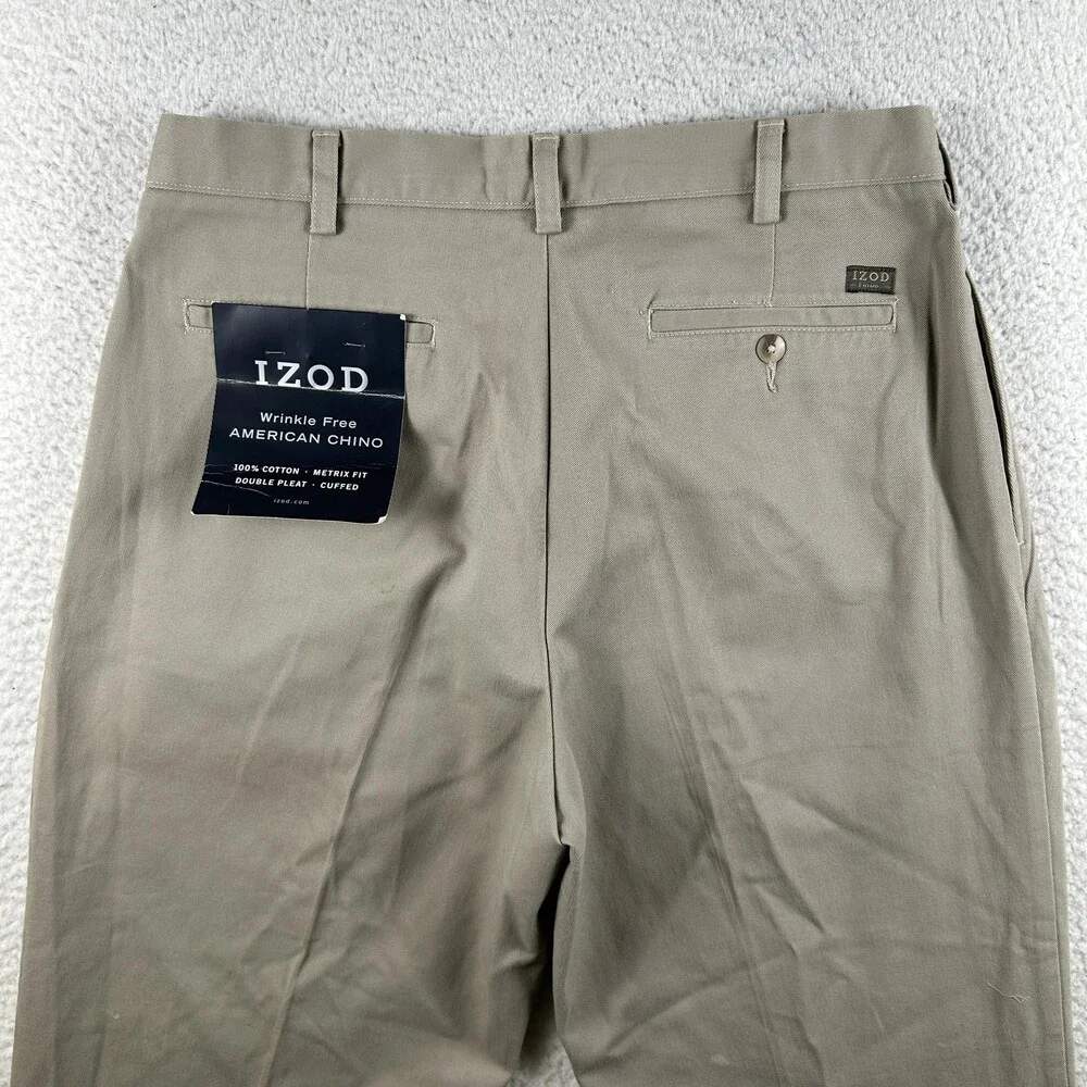 IZOD Pants Mens 35x30 Beige Wrinkle Free American Chino Pleated Cuffed